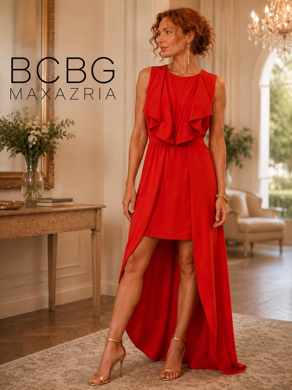 BCBGMAXAZRIA Red Cascade Ruffle High-Low Formal Gown Size 8